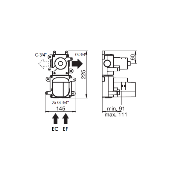 Dessin technique Box mitigeur thermostatique 1 voie Equinox316 maison française de robinetterie Horus