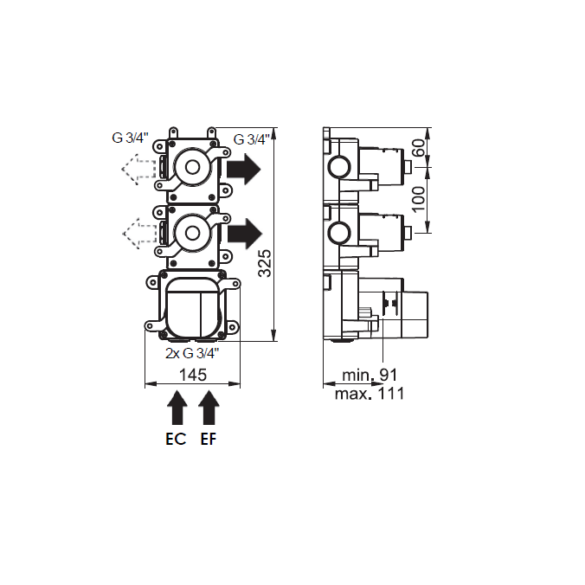 Dessin technique Habillage pour Box mitigeur thermostatique 2 voies Equinox316 maison française de robinetterie Horus