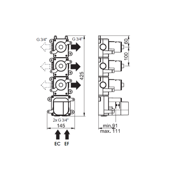 Dessin technique Box mitigeur thermostatique 3 voies Equinox316 maison française de robinetterie Horus